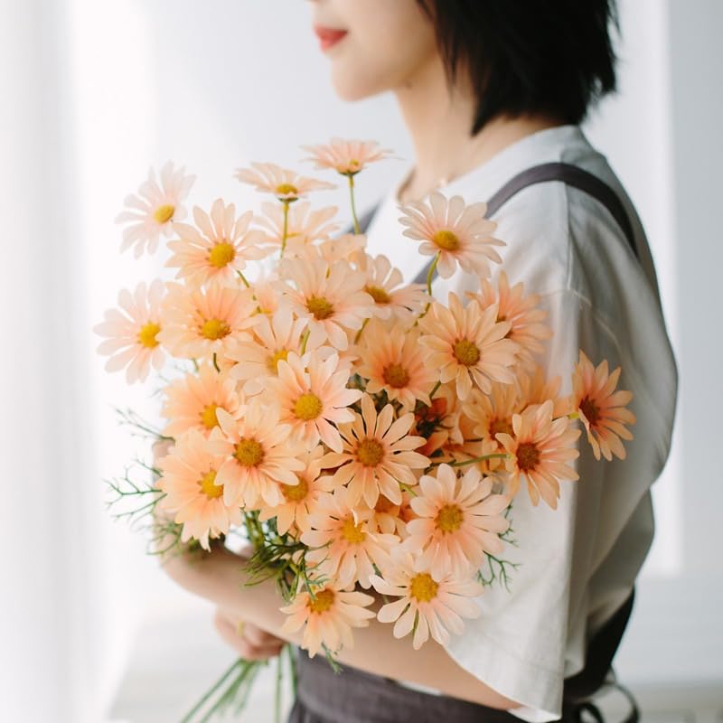 Image of SATYAM KRAFT 5 Pcs Artificial Daisy Sunflowers for Home Decor, Office, Living Room, Balcony, Wedding & Gifting | Realistic Faux Flower (Only Flower, No Vase)(Fabric) (Peach)