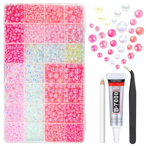 qiipii 28 Types Pink Flatback Pearls w B7000 Jewelry Glue for Bedazzling Crafting 3mm 4mm 5mm 6mm 8mm 10mm Flatback Colorful Pink AB Half Pearls Charms for Face Eyes Makeup DIY Crafts Tumblers Bottles