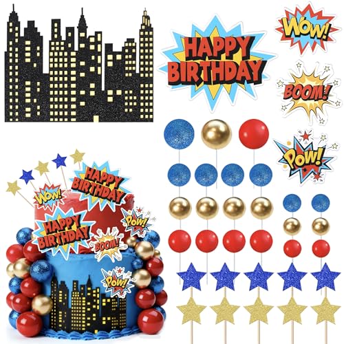 Xsstarmi Superhero Birthday Cake Topper Decorations with Sta