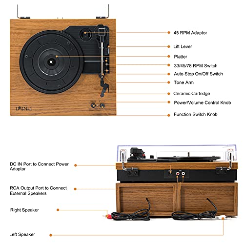 Lp&No.1 Bluetooth Vinyl Record Player With External Speakers, 3-Speed Belt-Drive Turntable For Vinyl Albums With Auto Off And Bluetooth Input, Yellow Wood #TOP7
