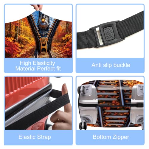 Image of Scenic Train Zipper Illusion Luggage Cover Protective Suitcase Protector, Winter & Autumn Landscape Elastic Washable Travel Baggage Cover Fits 18-22 Inch Suitcase, Cool Steam Locomotive Design,S