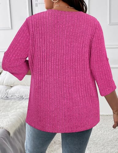 Image of Koscacy Women Plus Size V Neck 3 /4 Roll Sleeve Sweater Casual Knit Tops Solid Color Blouses