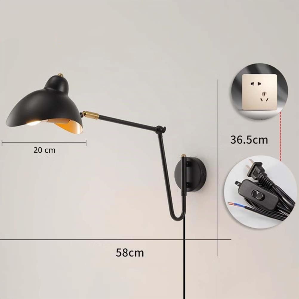AoLa Schwenkarm Wandleuchte Verstellbar Lange Arm Nachttischlampe mit Schalter und Stecker 360° Drehbare Wandlampe E14 mit Kabel Vintage Metall Arm Leselicht für Schlafzimmer Wohnzimmer Büro,58CM