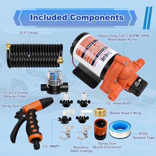 Image of 3.0 GPM 70 PSI Washdown Deck Wash Pump Kit, 12V Washdown Pump Kit with Strainer and Pressure Switch for RV,Boat,Sprayer,Travel Trailers,and Yacht,Orange-White