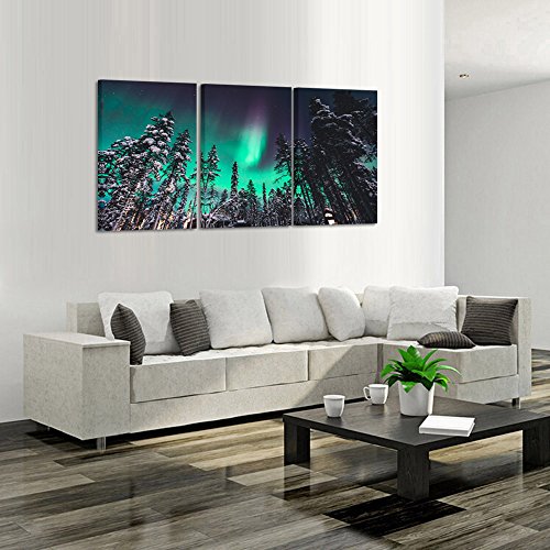 Kreative Arts Northern Lights Canvas Print Norway Nature Green Aurora Borealis Poster Snow Tree Forest Landscape Painting Wall Art Modern Giclee Artwork Ready To Hang 16X24Inchx3Pcs #TOP2