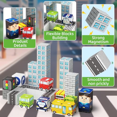 Image of City Traffic Magnetic Blocks Set, 35PCS STEM Toys for Kids Ages 3-8, Travel Building Toys with Carrying Case, Child-Safe with Fully Encased Magnets, Car /Airplane Toddler Toy Birthday