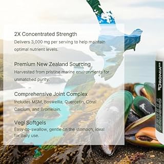 New Zealand Green Lipped Mussel 3,000mg with MSM & Boswellia | FFA Mussel Omega-3 | Drug-free Joint Health & Mobility Supplement | Potent Nutritional Complex with Bromelain & Coral Calcium | 180 Veggie Capsules (60 Servings)