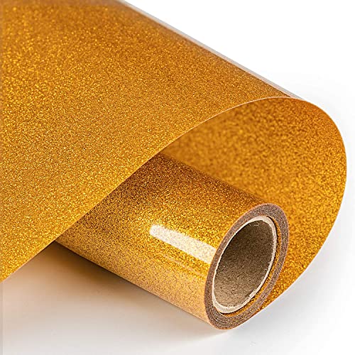 HTVRONT Oro Brillantina Vinilo Textil Termoadhesivo Rollo - 25 x 183cm Oro Brillantina Vinilo Textil Termoadhesivo para camisas - Diseño de vinilo fácil de cortar y desmalezar para el calor (Oro) Cover