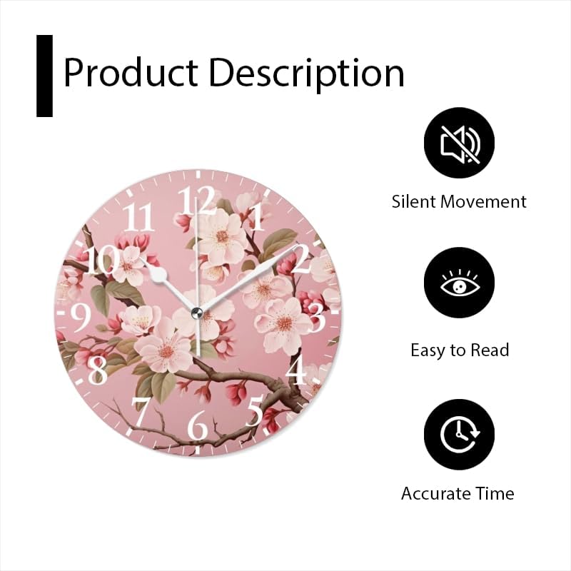 Battery Operated Round Wall Clock Non-Ticking Silent Analog Clcok Decorative for Living Room,Office,Kitchen-Delicate Beauty of Sakura in Full Bloom(14inch)