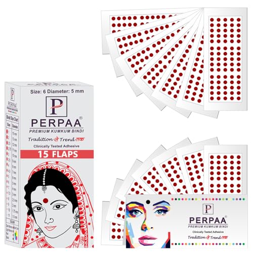 Image of PERPAA Kumkum Velvet Round Sticker Bindi Box of 15 Flaps for Ladies Women Forehead Bindi (Stick On) (Size 6, Diameter 5mm, Light Maroon)