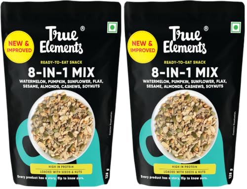 Image of True Elements 8 in 1 Mix Seeds 125g - Seeds for Eating | Diet Snacks | Seed Mix for Eating | Roasted Seed - Watermelon, Pumpkin, Sunflower, Flax, Sesame and Almonds, Cashews, Soynuts (Pack of 2)