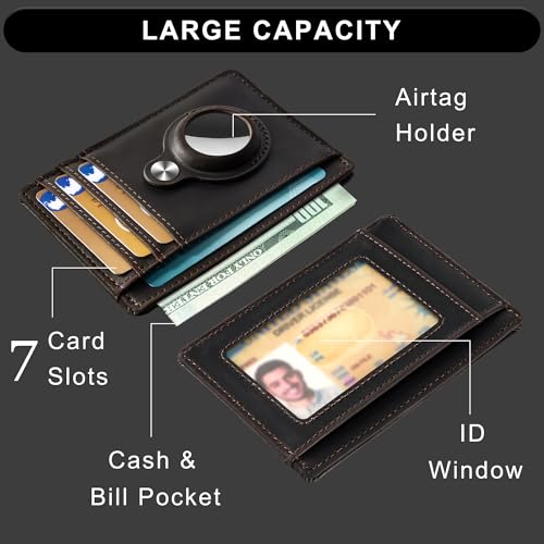 Image of Hawanik Genuine Leather Slim Minimalist Wallet Front Pocket Wallet with Built-in Holder for AirTag