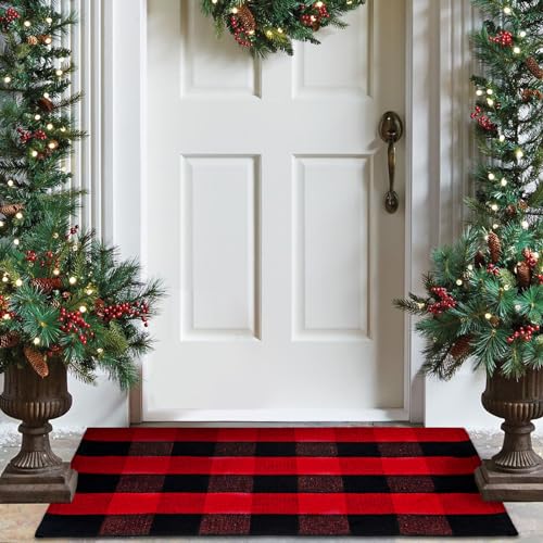 Christmas Door Mat Red and Black Checkered Christmas Front Door Mat Buffalo Plaid Christmas Doormat Indoor Decorations Washable Entryway Welcome Mat for Front Porch Door Farmhouse