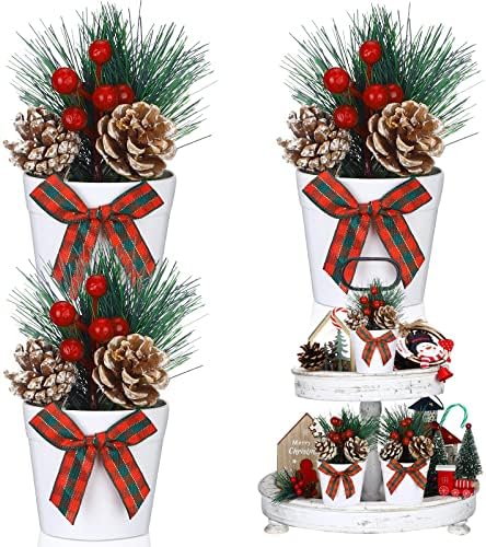 3 Set Christmas Tiered Tray Decor Mini Potted Artifical Pinecones Pine Needles Decor Red Berry Sticks Bow Tie for Tiered Trays Artificial Potted Plants for Home Decor (Red Plaid Style)