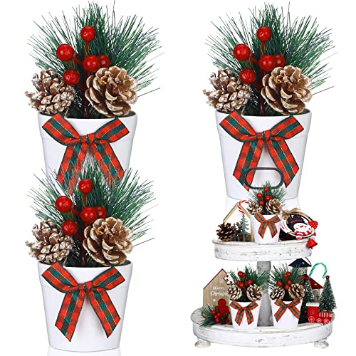 3 Set Christmas Tiered Tray Decor Mini Potted Artifical Pinecones Pine Needles Decor Red Berry Sticks Bow Tie For Tiered Trays Artificial Potted Plants For Home Decor (Red Plaid Style) #TOP28
