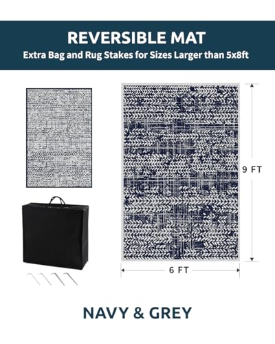Outdoor Rug 6x9 Waterproof Outdoor Carpet Reversible Patio Rug Portable Camping Rug Modern Abstract Plastic Straw RV Rug for Picnic Beach Balcony Pool Deck Foldable Rug Grey Blue - Image 3