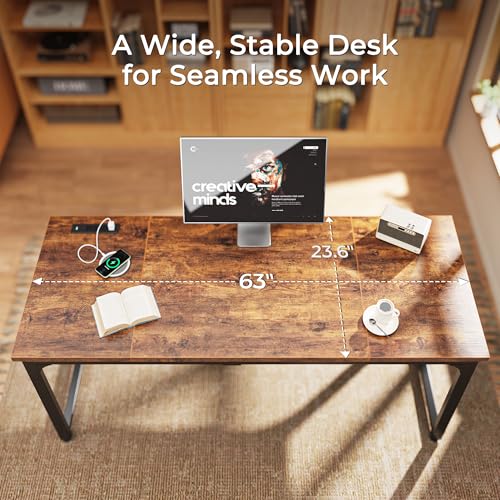 Huuger 63 x 24 inch Desk with Power Outlets & USB-C, Deeper & Thicker Desktop, Robust Metal Tubes, Computer Desk, Heavy Duty Office Desk, Work Gaming Desk, for Home Office, Rustic Brown