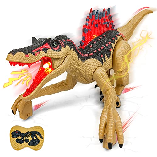 WEEFEESTAR Dinosaurier Spielzeug für Jungen, Fernbedienung Spinosaurus Spielzeug mit leuchtendem Mund, Gehbewegung, Schüttelschwanz Jurassic Dinosaurier Spielzeug für Kinder (Braun) Cover