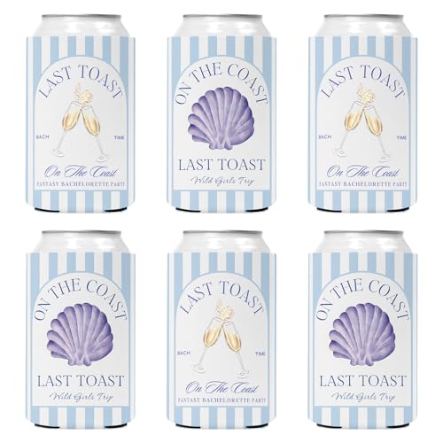 Image of Last Toast On The Coast Bachelorette Can Sleeves - 6 Pack Beach Bachelorette Party Beer Cozy Bulk, Funny Soda Can Coolers for Bachelorette Party Accessories