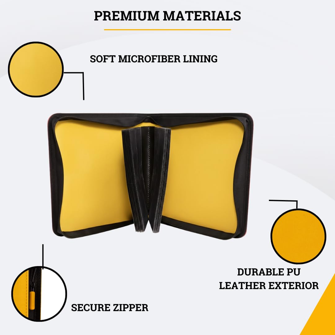 Card Guardian Toploader - Carpeta prémium de 4 bolsillos con cremallera para 160 tarjetas - Bolsillos laterales - Compatible con tarjetas deportivas y coleccionables TCG (amarillo)