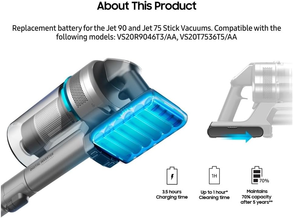 Renekton Cordless Stick Vacuum Cleaners Replacement Battery for Samsung Jet90 90+ Jet75/Jet75 pet VS9000 Battery,VCA-SBT90,VS20T7512N7,VS20R9074S2 VS20T7551P5 VS20R9078S2,Grey