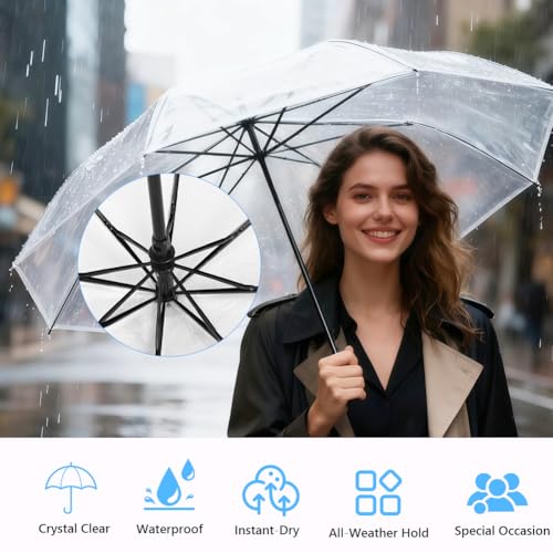 Lwuey Auto Open Umbrella, Compact Foldable Umbrella Windproof Clear Dome Canopy for Travel Photography Reinforced Frame Wedding Outdoor Event Essential Women Men Unisex