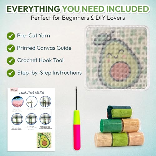 Image of Darice Latch Hook Rug Kit, Avocado Design DIY Latch Hook Kit for Kids & Adults, Color Canvas, PreCut Yarn & Hook Tool, Craft Activity & Gift for Kids