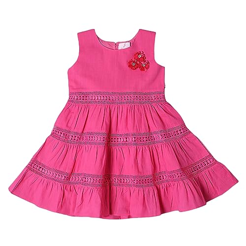 Image of Soft Cotton Lace Work Knee Length Fit & Flare Dress for Kids & Girls, Flower Embellished Frock for Casual & Special Occasion