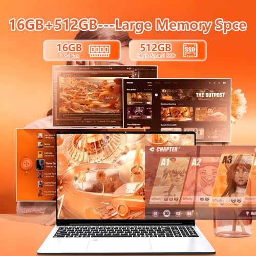 16 Zoll Laptop, Win 11 Laptop 16 GB RAM 512 GB SSD, Celeron N100 Prozessor, Notebook mit FHD IPS Display, Mini-HDMI/6000mAh Battery, Tastatur mit Hintergrundbeleuchtung + Entsperren per Fingerabdruck