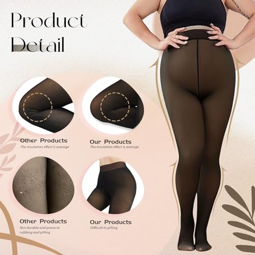 Image of Caprilite Plus Size Fleece Lined Tights - Winter Fake Translucent Warm Sheer Thick Tights Thermal Pantyhose Leggings for Women