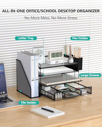 Image of WALI Desk File Organizer, 4 Tier Desktop Paper Letter Tray Organizer with Drawer and 2 Pen Holders, Office Desk Accessories & Workspace Organizers for Office, Home Supplies(DO005DH-2B), 2 Packs, Black