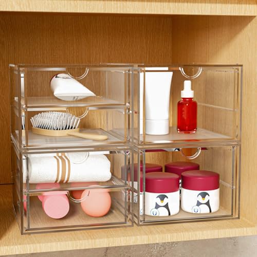 Image of caktraie Acrylic Makeup Organizer, 4 Pack Drawer Organizer - Transparent Desktop Storage for Cosmetics, Office Supplies & More - Clear Organizers for Home & Office Use