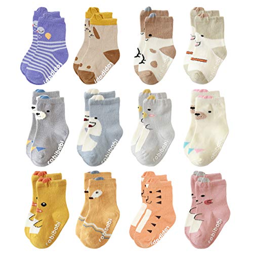Baby Boy Girl Sock with Grip Toddler Non-Skid Crew Animal Socks 12 Pack, 12-36Mo