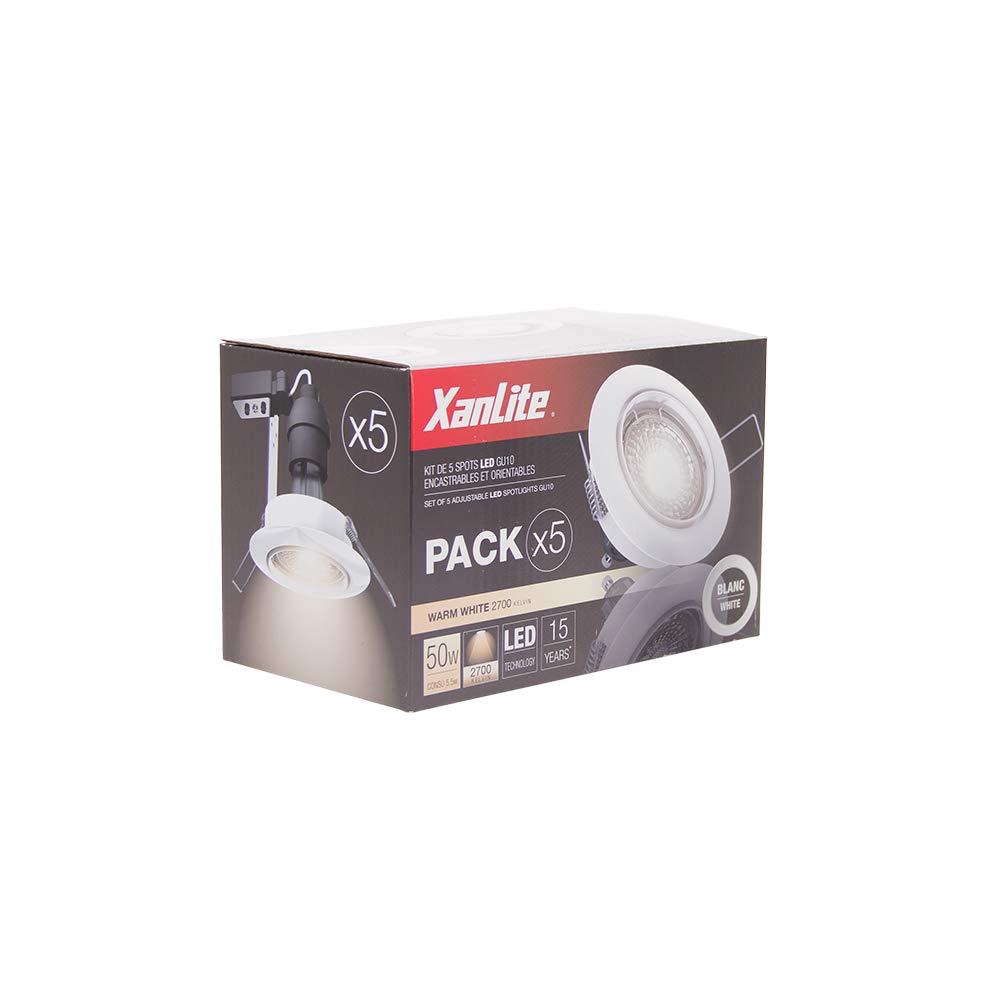 Xanlite PACK5SP50AB Lumineux Lampe encastrable Plafond-Lot de 5 Spots encastrés Ampoule LED GU10 incluses Blanc Chaud-PACK5SP50AB Plastique 50 W