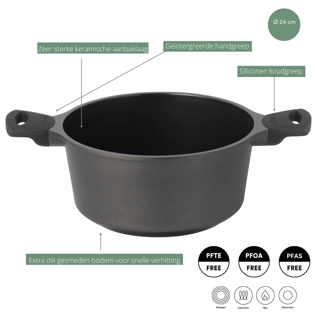 Sola Casserole avec Couvercle Ceramic Deluxe - Compatible avec l’Induction - Revêtement Antiadhésif Céramique - ø 24 cm
