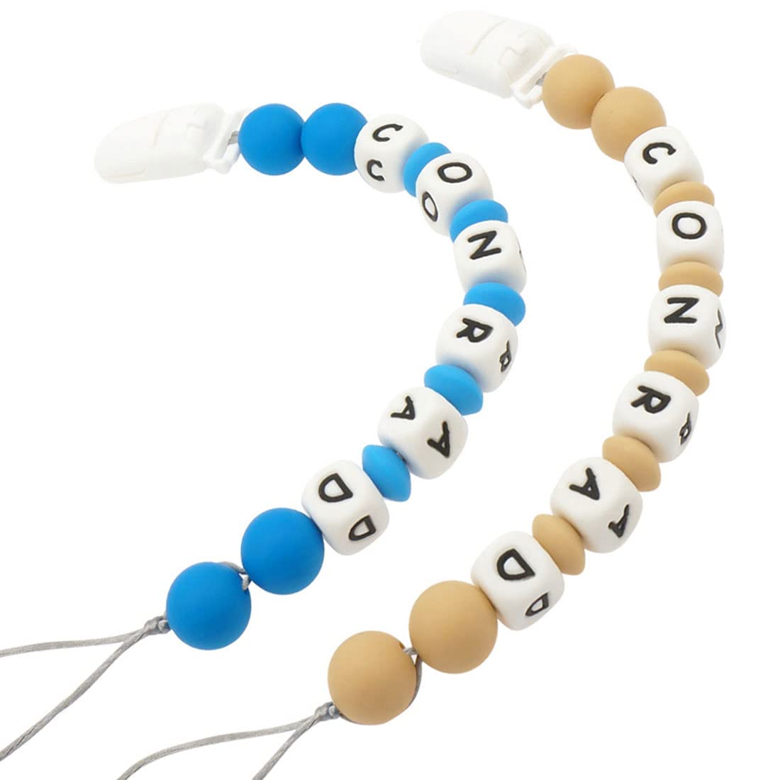 Personalized Pacifier Clip with Name, Customizable Pacifier Clip (2 Pack) (Blue + Oatmeal)