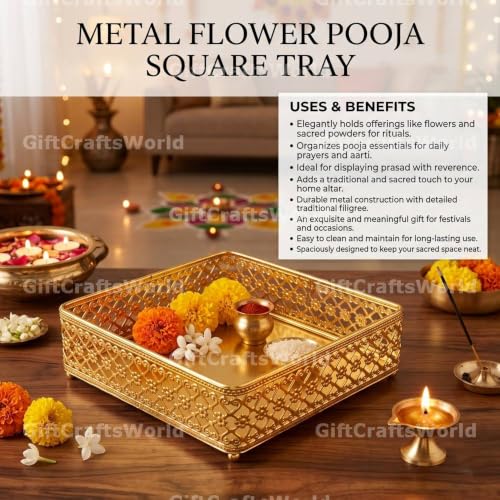 Image of Multipurpose Metal Basket For Gift Hamper, Pooja Temple Storage With Sturdy Handle, Decorative Flower Organizer & Versatile Puja Utility Accessories Home Decoration (Square Tary)