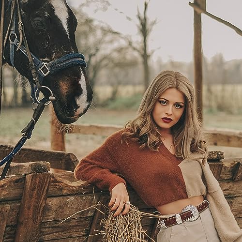 QuneusHot Western Floral Belt Cowboy Leather Brown Belts Cowgirl Vintage Country Embossed 1.5inch Wide Buckle for Women3