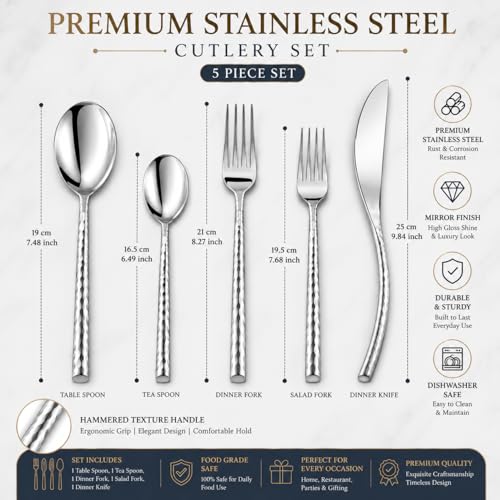 Image of 30-Piece Stainless Steel Hammered Cutlery Set for 6 Persons | Premium Mirror Finish Flatware Set | Spoon Fork Knife Set | Dining Table, Home, Restaurant & Gifting