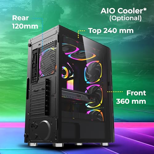 Image of ZEBRONICS AERO Mid-Tower Premium Gaming Cabinet EATX /ATX /M-ATX, 3X 120mm Front + 120mm Rear Fan, ARGB Inner Glow, LED Control, Hinged Tempered Glass Side Panel, USB 3.0(Black)