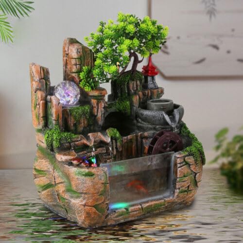 Fuente de habitación con plantas, 30 x 20 x 30 cm, fuente de mesa pequeña, fuente de jardín con iluminación LED, fuente de escritorio para decoración del hogar, vestíbulo, oficina, mesa de
