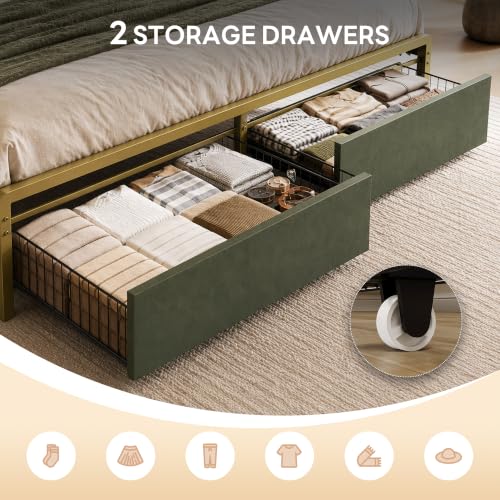 Image of LIKIMIO California King Size Bed Frame with 2 Drawers and Charging Station | Platform Bed with Upholstered Storage Headboard, No Box Spring Needed, Easy Assembly, Sturdy, Green