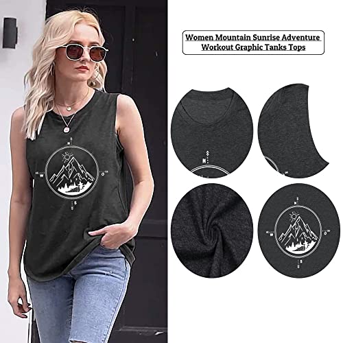 Women Hiking Adventure Mountain Sunrise Tank Tops Shirt Summer Casual Workout Sleeveless Shirts Funny Camping Travel Cute Compass Graphic Athletic Tee Tops-L Dark Grey #TOP2