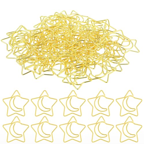 60PCS Gold Paper Clips Creative Metal Moon and Star Shape Paper Clip Funny Cute Paperclips Gold Moonstar Shaped Paper Clips Bookmarks Planner Clips for Office Document File Organization School