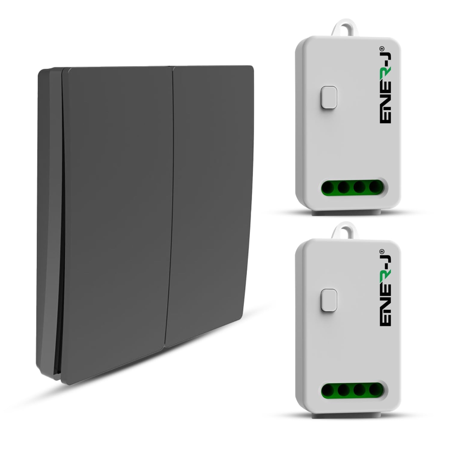 ENERJ 2 Gang Wireless Kinetic Switch, Black + 2 units of 500W RF Receiver