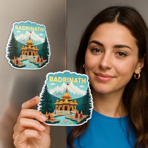 Image of Naxon Badrinath Temple Theme Souvenir Wooden Fridge Magnet for Refrigerator - Printed Fridge Magnet for Kitchen & Home Decor | Perfect Souvenir Gift | Size 3x3 in | Pack of 1