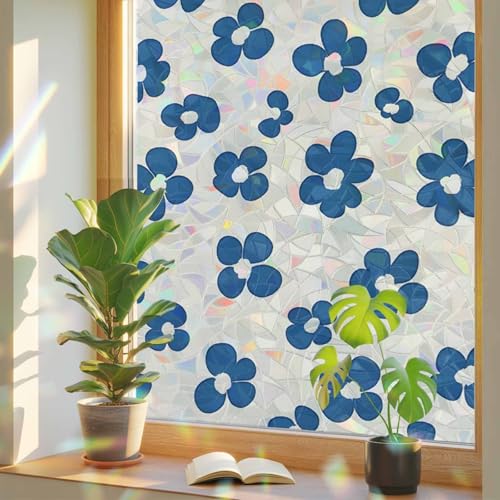 Película decorativa para ventana azul floral, 17.7 x 39.3 pulg miniatura 1