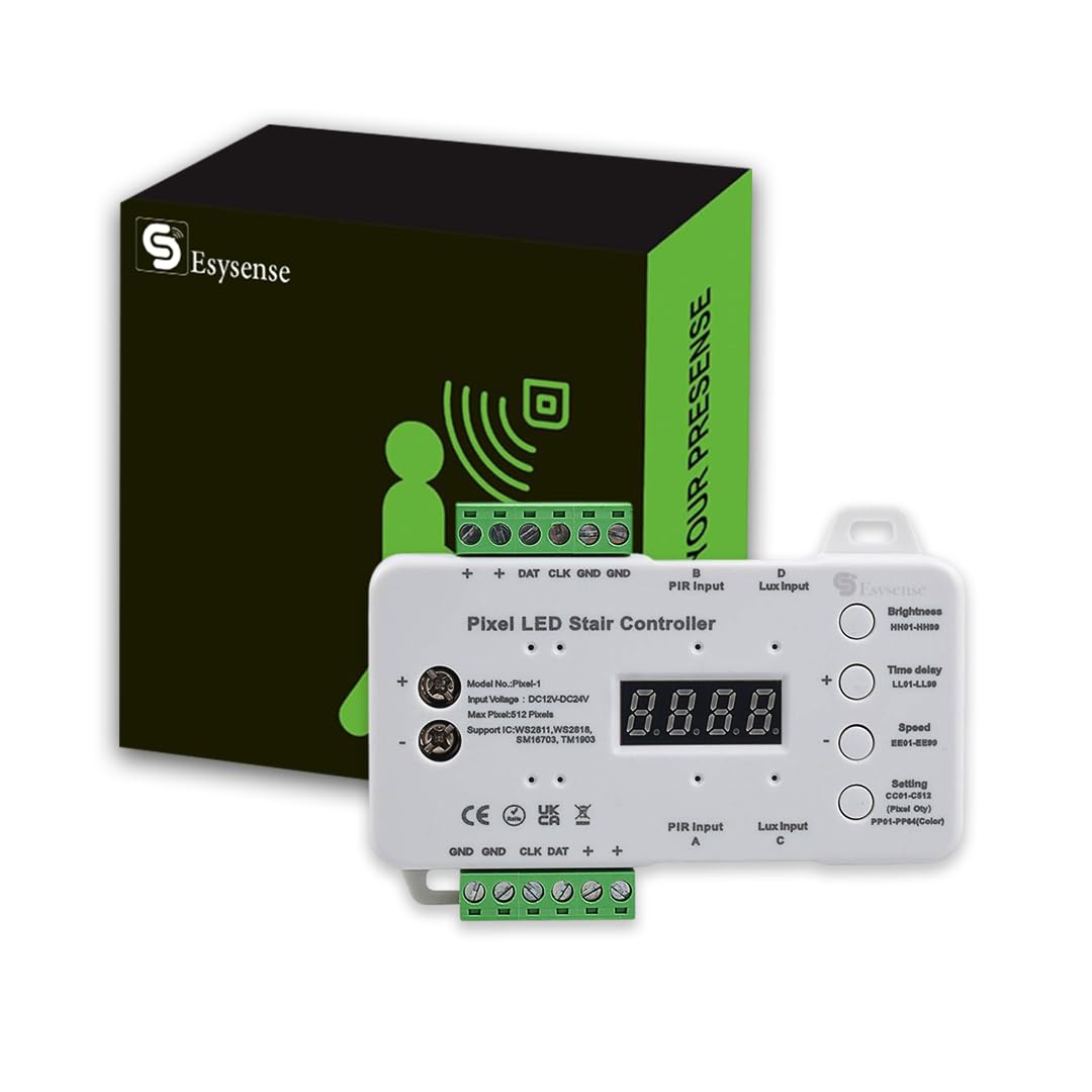 pixel stair lighting controller | pir motion sensor staircase led controller | 12v-24v dc input | adjustable brightness, speed, delay & lux control | esy-p30 esysense