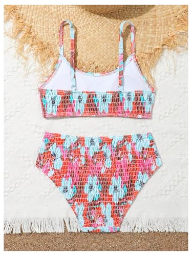 MakeMeChic Girl's Bikini Sets Floral Print Shirred Spaghetti Strap Backless Beach Swimsuit2