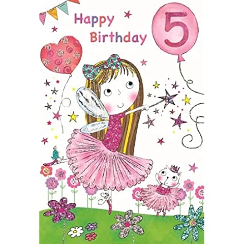 Age 5 Birthday Card - Girl as Fairy Ballerina Flowers Stars & Foil 7.75x5.25" Cover